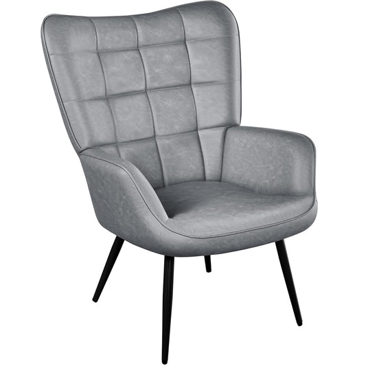 Yaheetech Accent Chairs, Large PU Leather High-Back Chair w/Metal Legs, Pottery Barn Style Living Room Chairs for Bedroom/Home Office, Gray