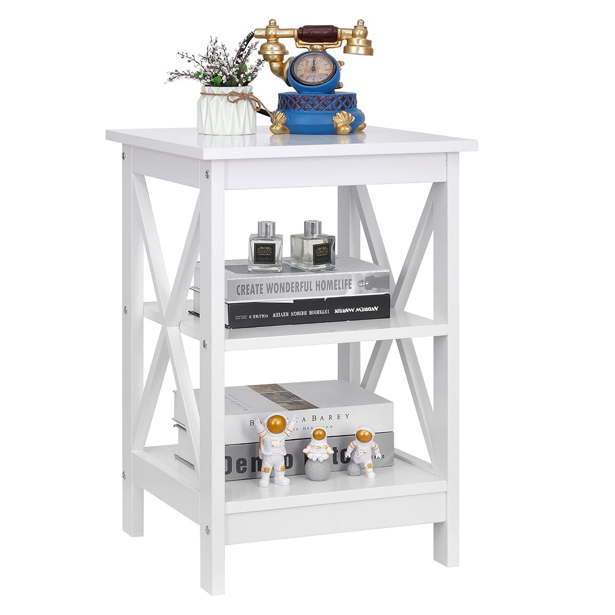 3-Tier End Table with Storage Shelves Versatile X-Design Sofa Side Table for Living Room Bedroom Apartment Small Space, White