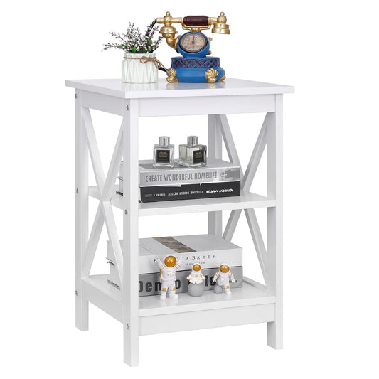3-Tier End Table with Storage Shelves Versatile X-Design Sofa Side Table for Living Room Bedroom Apartment Small Space, White