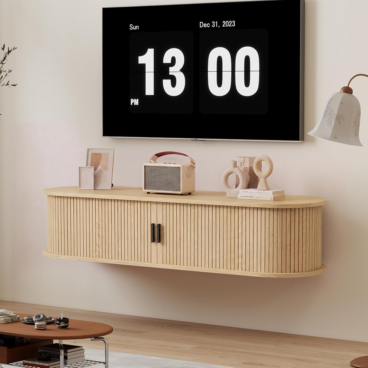 Floating TV Stand, Mid-Century Modern Media Console, Natural