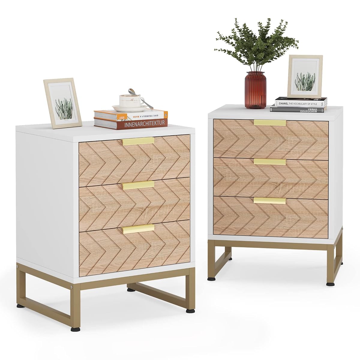 Tribesigns 3 Drawers Nightstand Set of 2, Modern Bedside Table with Unique Chevron Design, White End Side Table Night Stands with Gold Metal Legs for Bedroom (White & Wood Color)