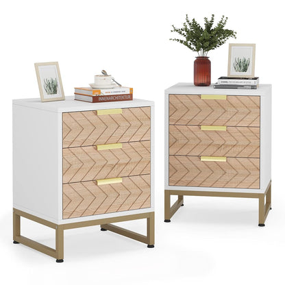Tribesigns 3 Drawers Nightstand Set of 2, Modern Bedside Table with Unique Chevron Design, White End Side Table Night Stands with Gold Metal Legs for Bedroom (White & Wood Color)