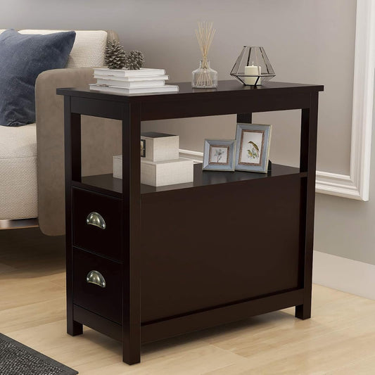 Brown retro narrow end table with two drawers and open shelf