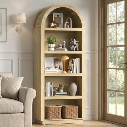 76"Tall Arched Bookcase With 2 Tier Adjustable Shelves, Natural Oak | Adjustable Bookshelf, 5 Tier Large Wood Book Case, Mid Century Modern Open Display Shelf for Bedroom, Home Office,Living Room