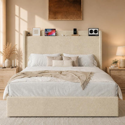 Queen Bed Frame Greige Chenille Storage