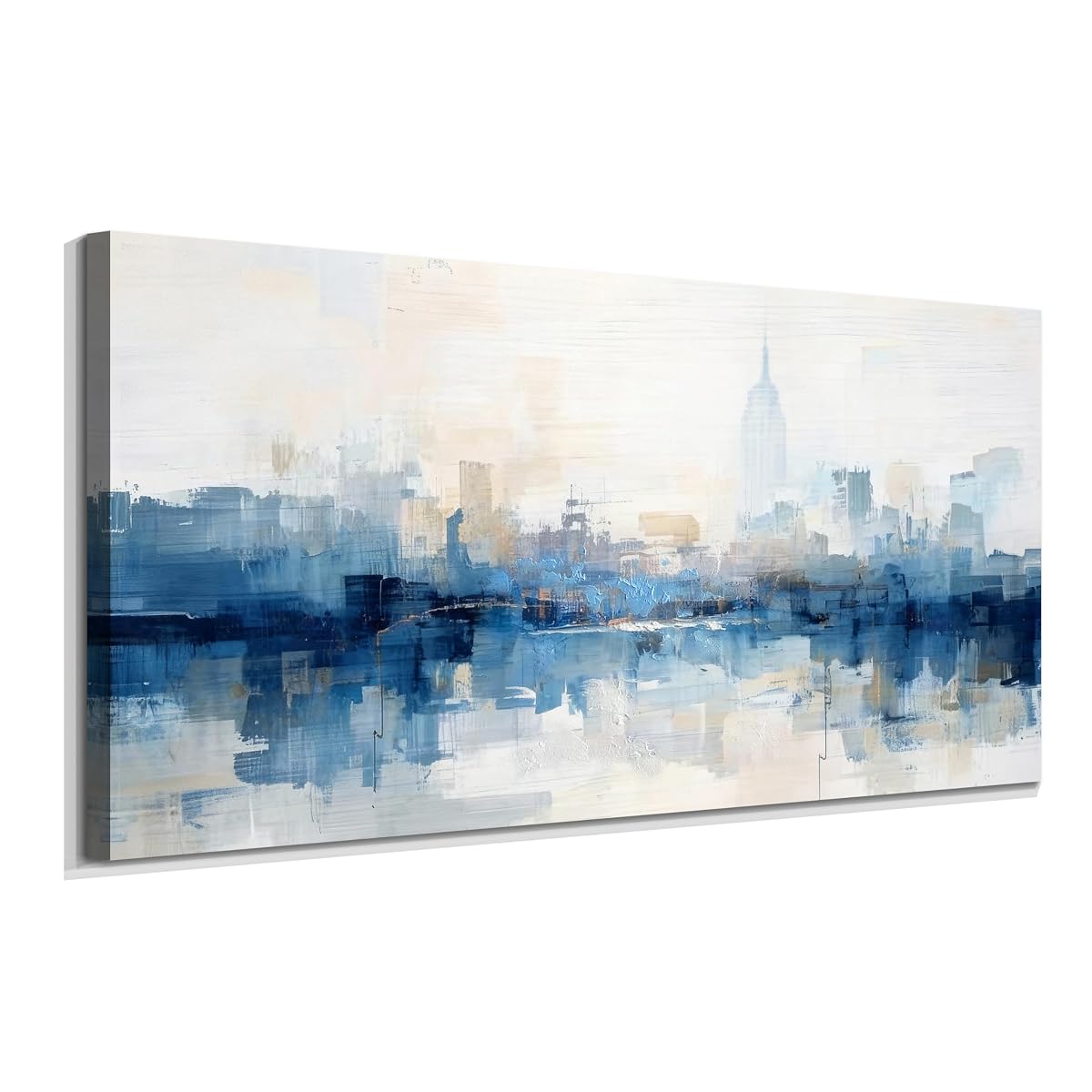 NY Skyline Wall Art Abstarct Cityscape Canvas Painting 40"x20" | new york print for living room blue white NYC picture artwork framed for bedroom office home hallway wall decoration