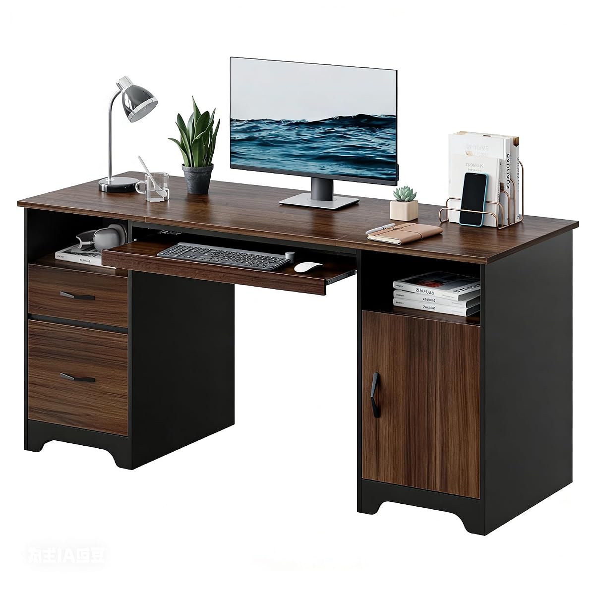 59" Office Desk with File Drawer, Keyboard Tray & 2 Drawers, Cherry