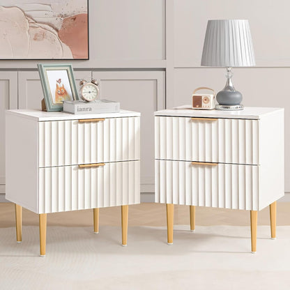 Night Stand Set 2, Fluted Glossy Nightstands Set of 2 with Drawers | Wide Modern White Storage Bedside Table for Bedroom, End Side Table with Golden Metal Legs and Handles, 2 Pieces