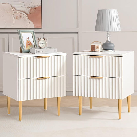 Set of two white fluted glossy nightstands with gold metal legs