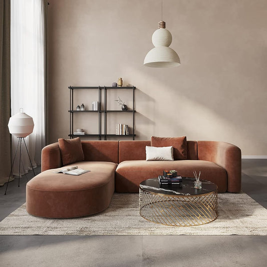 Mellow Modern Tight Curved Back Velvet Sofa, Left Chaise, Tangerine