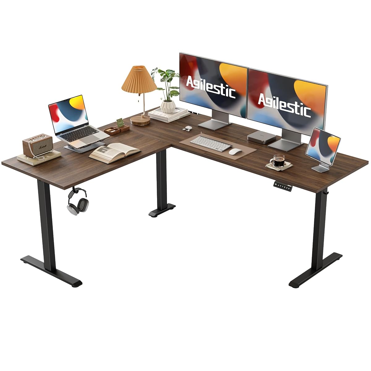 63 x 55 Inch L Shaped Electric Standing Desk, Dark Walnut