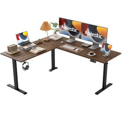 63 x 55 Inch L Shaped Electric Standing Desk, Dark Walnut
