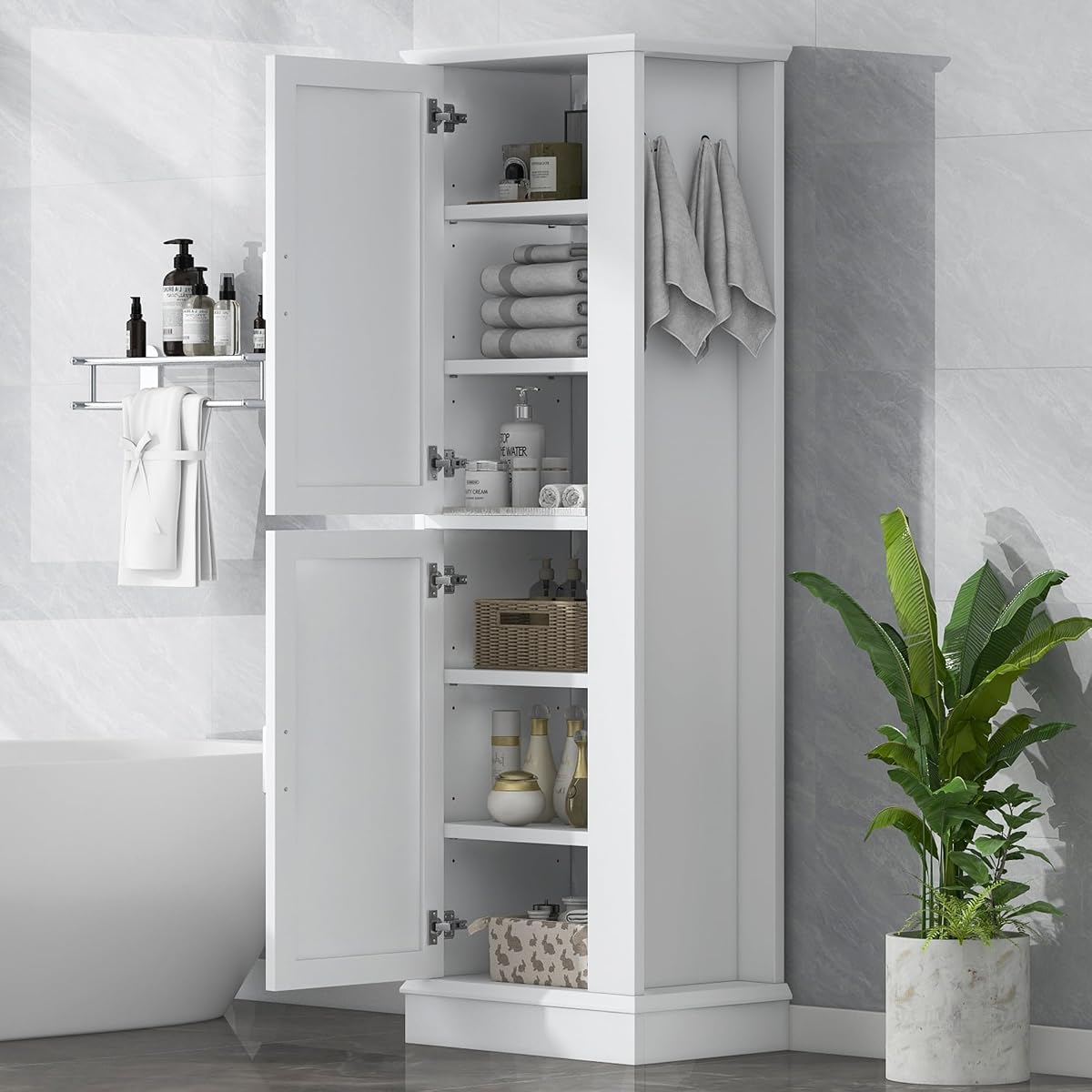 68 Inch Bathroom Storage Cabinet with Adjustable Shelves, White | White MDF, bathroom or utility room, side hook, 2-door cabinet, metal handles, anti-tip kit, 21 in W, 14 in D, 68 in H