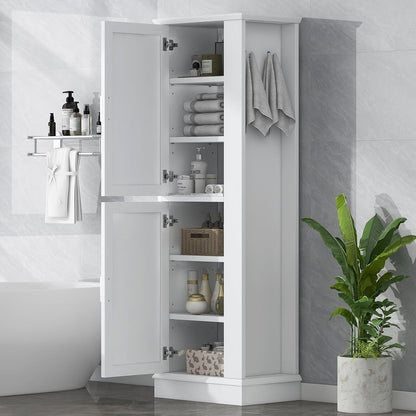 68 Inch Bathroom Storage Cabinet with Adjustable Shelves, White | White MDF, bathroom or utility room, side hook, 2-door cabinet, metal handles, anti-tip kit, 21 in W, 14 in D, 68 in H