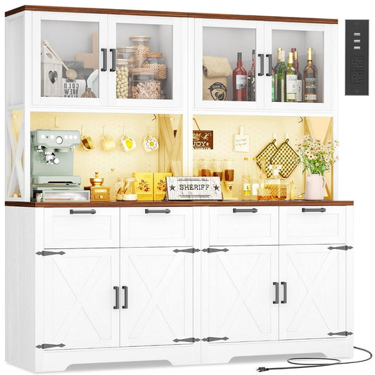71" Kitchen Pantry Cabinet with LED Light & Outlet, Microwave Stand