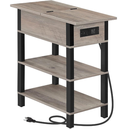 End Table with Charging Station, Flip Top Side Table with USB Ports, Narrow Nightstand Bedside Tables with Storage Shelves, for Small Space, Living Room,Greige and Black BG141UBZ01
