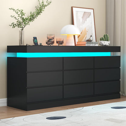 9 Drawer Dresser with Power Outlet, Modern Dresser with LED Light