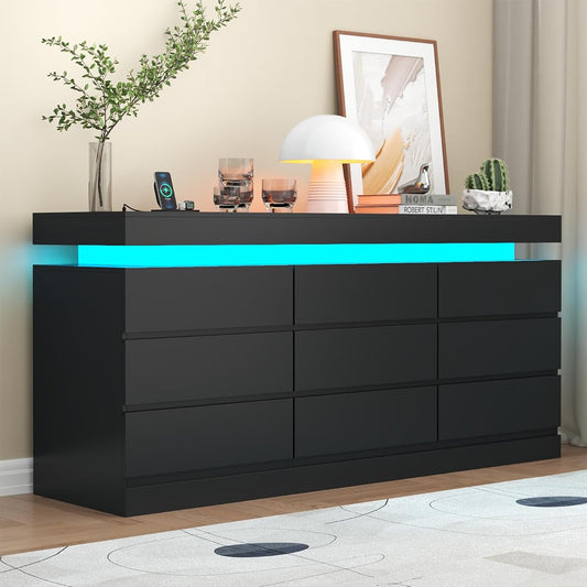 9 Drawer Dresser with Power Outlet, Modern Dresser with LED Light