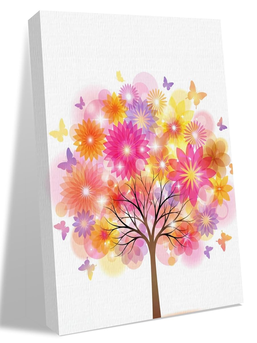 NuYeBiofx Colorful Flowers Butterflies Tree Canvas Wall Art Prints,48"x32" Framed Picture Artwork Abstract Botantical Printed Canvas Oil Painting for Living Room Bedroom Office,Ready to Hang