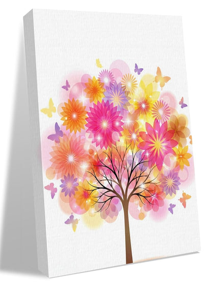 NuYeBiofx Colorful Flowers Butterflies Tree Canvas Wall Art Prints,48"x32" Framed Picture Artwork Abstract Botantical Printed Canvas Oil Painting for Living Room Bedroom Office,Ready to Hang