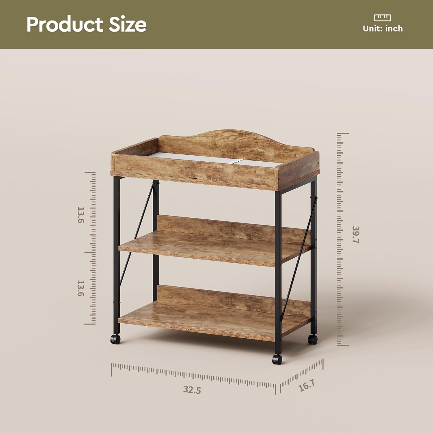 Baby Changing Table, Diaper Changing Station with Pad and Wheels, Two-Tier Open Storage Shelves, Waterproof Diaper Pad & Safety Strap,Compact Baby Furniture for Nursery, Rustic Brown