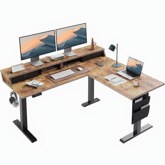 L Shaped Electric Standing Desk, 63" Ergonomic Corner Height Adjustable Desk with Drawers, Sit Stand Computer Table with Storage for Work Office Home, Vintage Brown