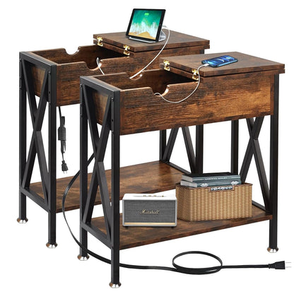 End Tables Living Room Set of 2 with Charging Station, 12"D x 24"W x 24"H | Flip Top End Table with USB Ports and Outlets, Skinny Table for Small Space, End Table with Steel X-Shaped Frame,Rustic Brown
