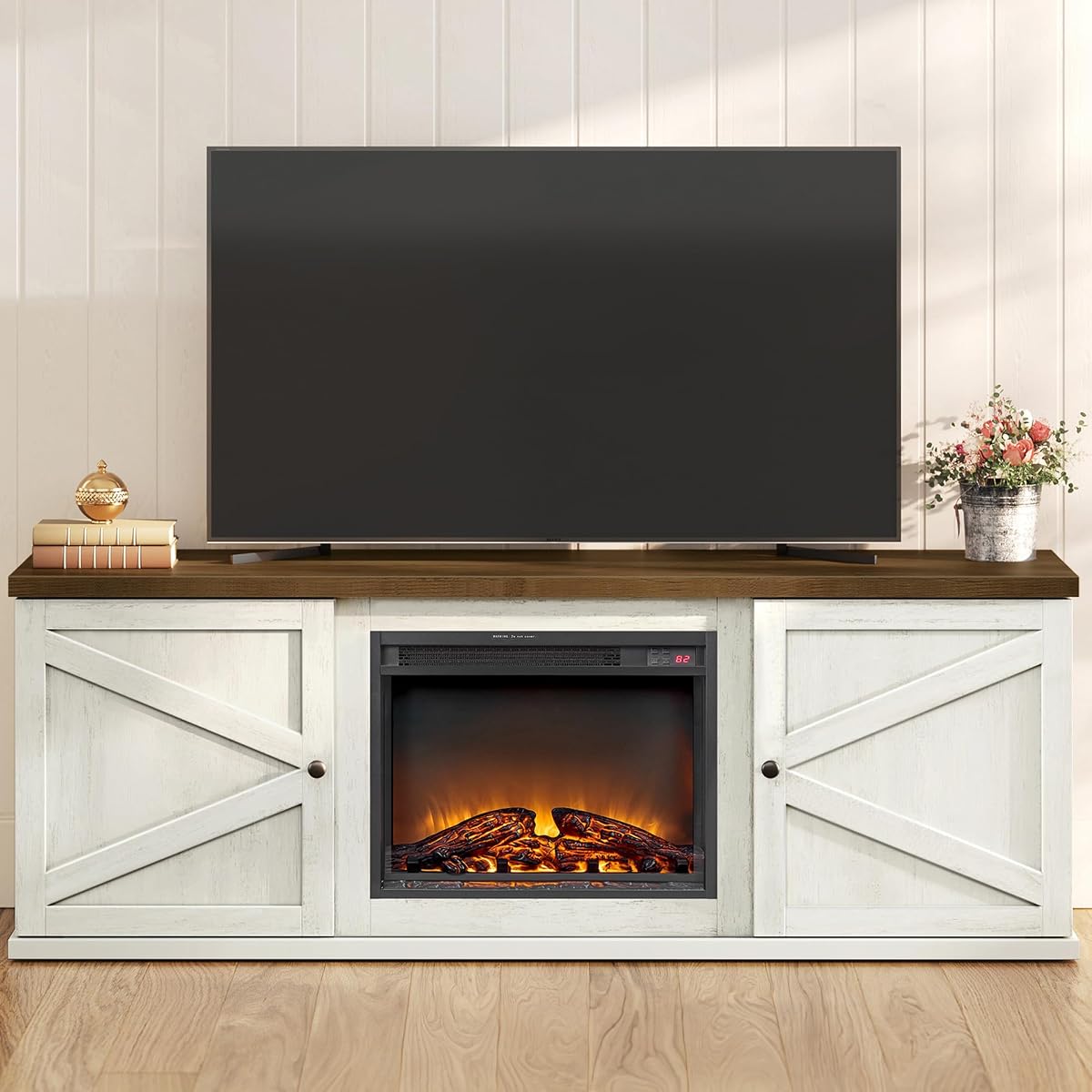 Fireplace TV Stand, Farmhouse Entertainment Center for 80'' TV