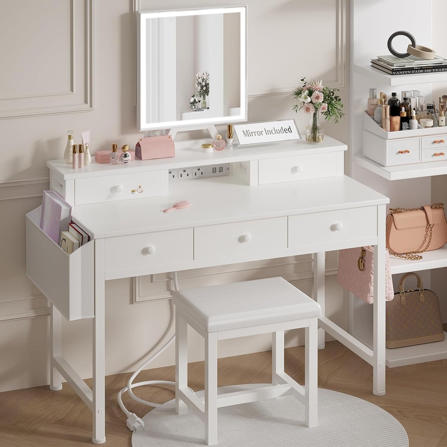 White Makeup Vanity Desk with Mirror and Lights, 40 Inch Girls Vanity Set with Chair, Make up Dresser Table with Drawers and Power Outlet for Bedroom Small Space