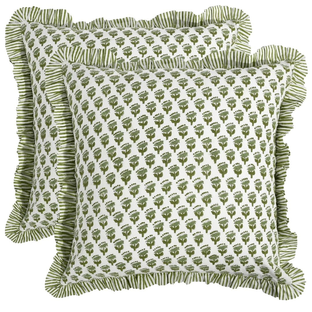 CPC Block Print Ruffle Throw Cover Emerald Green 16"x16" Inch Pack of 2-100% Cotton Ruffle Couch Decorative Boho Pillows Case for Living Room, Bedroom, Sofa, Farmhouse Gift for Spring, Mother's Day