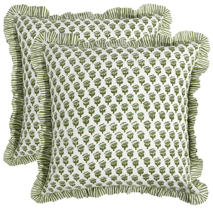 CPC Block Print Ruffle Throw Cover Emerald Green 16"x16" Inch Pack of 2-100% Cotton Ruffle Couch Decorative Boho Pillows Case for Living Room, Bedroom, Sofa, Farmhouse Gift for Spring, Mother's Day