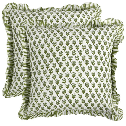CPC Block Print Ruffle Throw Cover Emerald Green 18"x18" Inch Pack of 2-100%