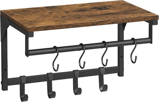 Laundry Room Shelf Wall Mounted, Coat Rack Shelf, with 8 Removable Hooks, for Entryway, Living Room, Kitchen, Bedroom, 15.7 X 9.4 X 9.4 Inches, Rustic Brown and Black ULCR103B01