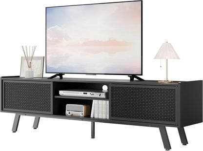 Black TV Stand for 65 70 Inch TV, Modern Iron Rattan TV Console with Sliding Door, Entertainment Center with Storage and Adjustable Shelves, Media Console for Living Room and Bedroom