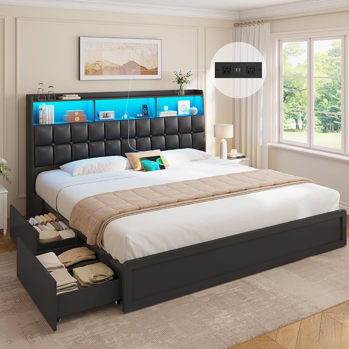 California King Bed Frame with 4 Drawers, 2-Tier Storage Headboard