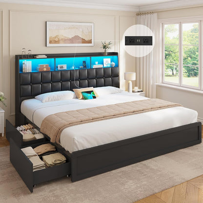 California King Bed Frame with 4 Drawers, 2-Tier Storage Headboard