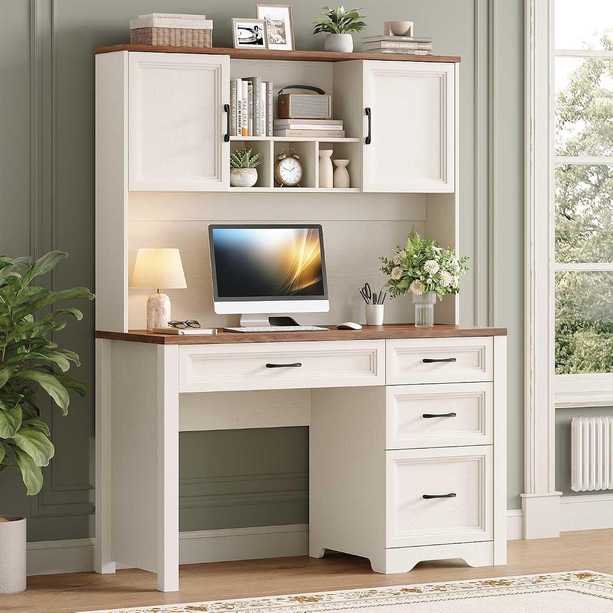 Farmhouse Desk with Hutch, Executive Desk with Storage Cabinet