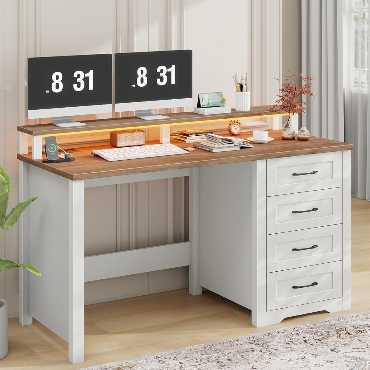 47" Farmhouse Executive Desk with Monitor Stand and LED Lights,4 Drawers Computer Desk with Power Outlets,Large Workspace for Work Study Writing.Unique White