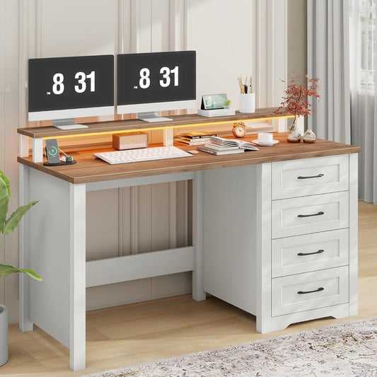 47" Farmhouse Executive Desk with Monitor Stand and LED Lights,4 Drawers Computer Desk with Power Outlets,Large Workspace for Work Study Writing.Unique White