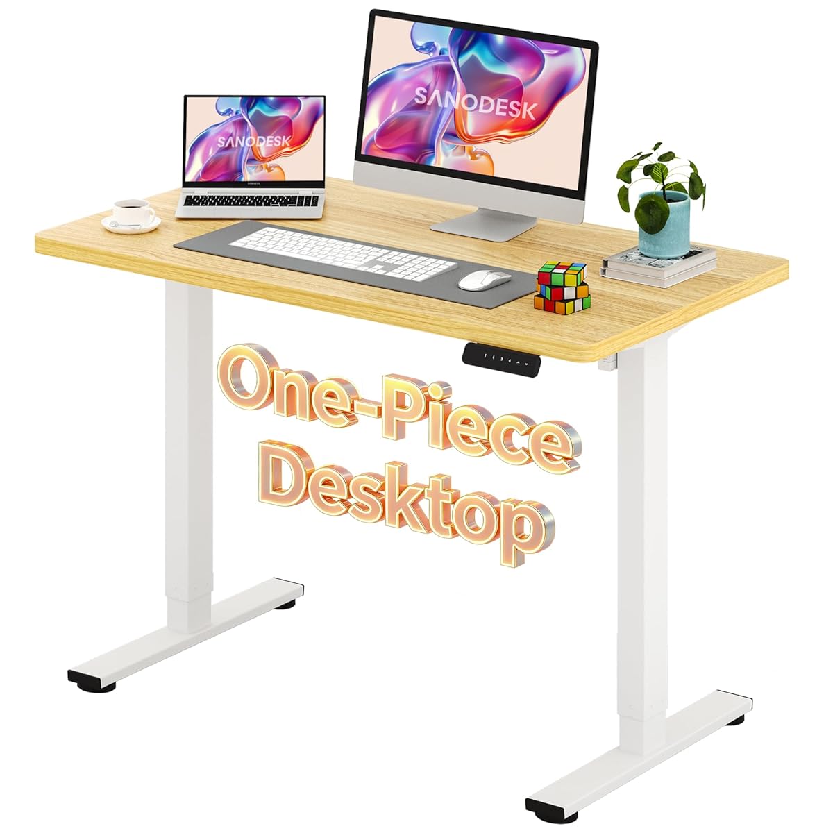 Electric Standing Desk 48 x 24 Inches Whole-Piece Desktop Height Adjustable Stand Up Desk w/6-Button Controller Ergonomic Computer Desk for Home Office, White Frame + Natural Tabletop