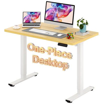 Electric Standing Desk 48 x 24 Inches Whole-Piece Desktop Height Adjustable Stand Up Desk w/6-Button Controller Ergonomic Computer Desk for Home Office, White Frame + Natural Tabletop