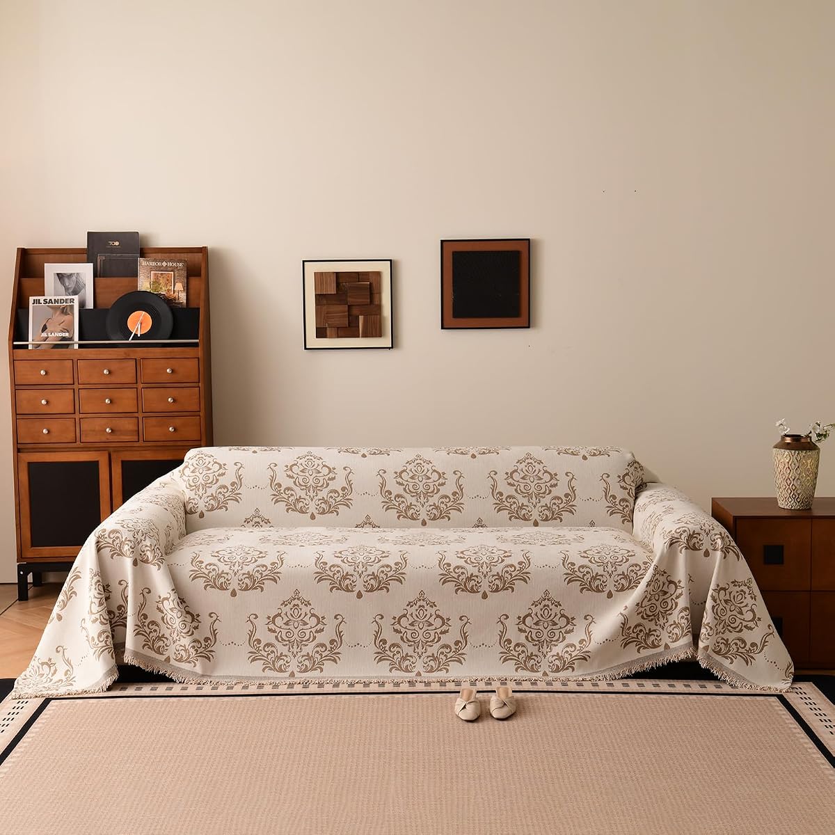 Bohemian Baroque Pattern Couch Cover Washable Chenille Beige Taupe Damask Design Sofa Slip Cover for 2 Cushion Couch Living Room Classic Decorative Furniture Protector 71" x 118"