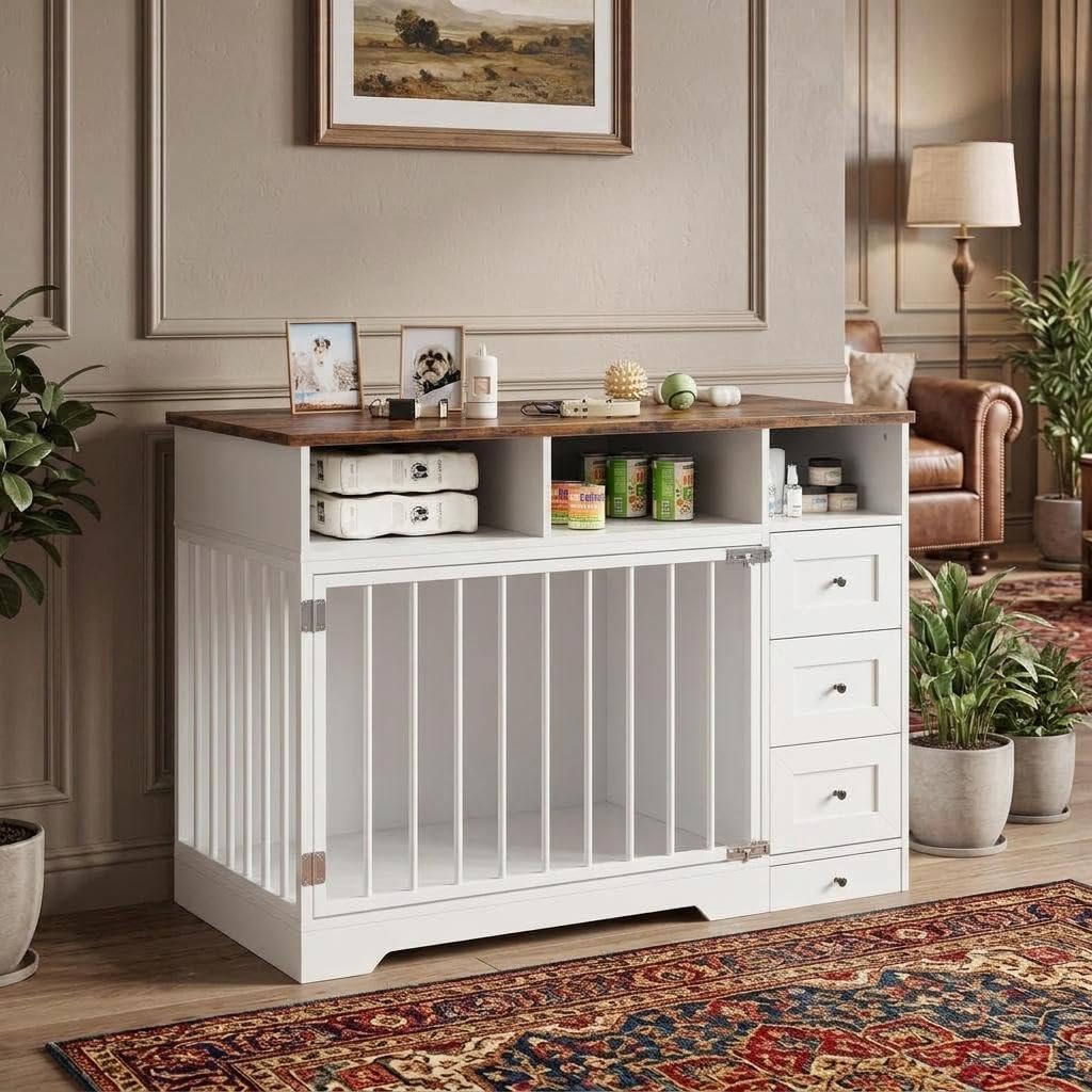 Dog Crate Furniture with Drawers, Wooden Dog Cage with Pull‑Out Dog Bowl