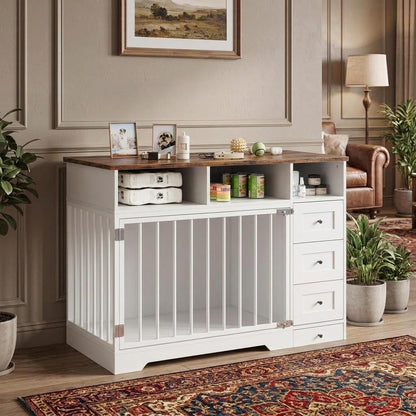 Dog Crate Furniture with Drawers, Wooden Dog Cage with Pull‑Out Dog Bowl