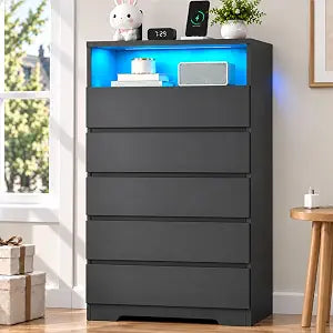 Black Tall 5 Drawer Dresser for Bedroom with LED Light, view 2