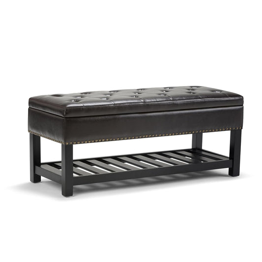 Lomond Storage Ottoman Bench - 44 inch Wide Upholstered Vegan Leather Rectangle Storage Ottoman in Tanners Brown, Transitional Bench for Bedroom with Tufted Lift-Top and Open Bottom Shelf