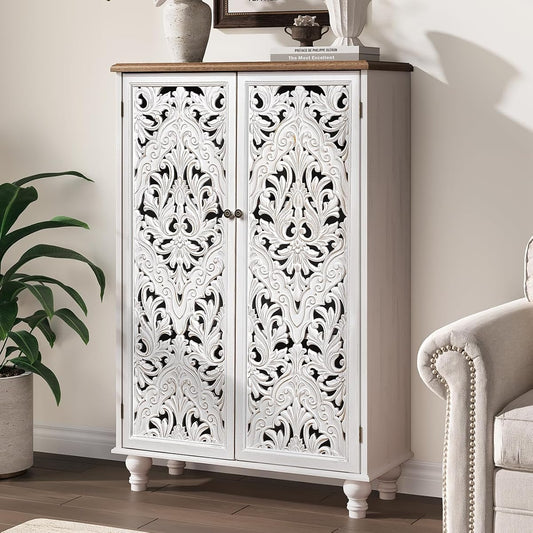47" Tall Accent Cabinet with Carved Doors & Storage for Living Room | Vertical Storage, Carved Floral Design, Mandala White Buffet, Boho/Farmhouse/Rustic Style, Adjustable Shelves, Easy Assembly