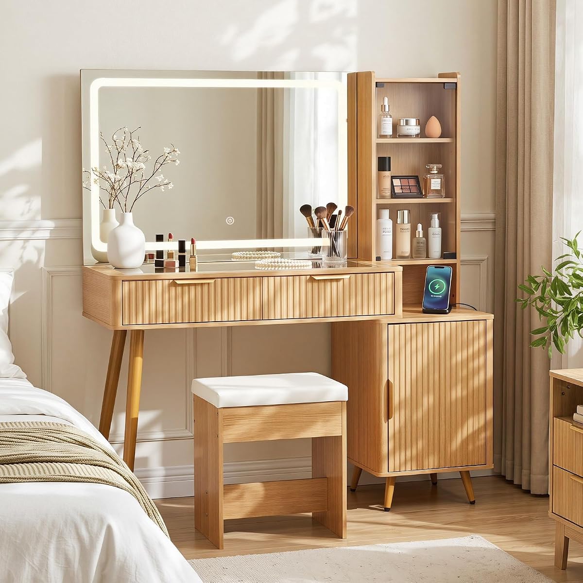 48 In Makeup Vanity Desk with Lighted Mirror, Fluted Vanity Table with Glass Top
