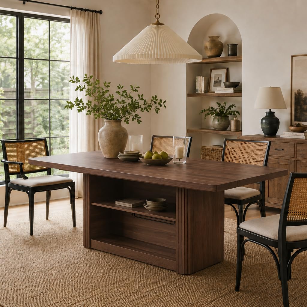 63" Dining Table with Storage, Fluted Rectangular Kitchen Table for 6 with 2-Tier Storage Shelf, Farmhouse Wood Table (Walnut)