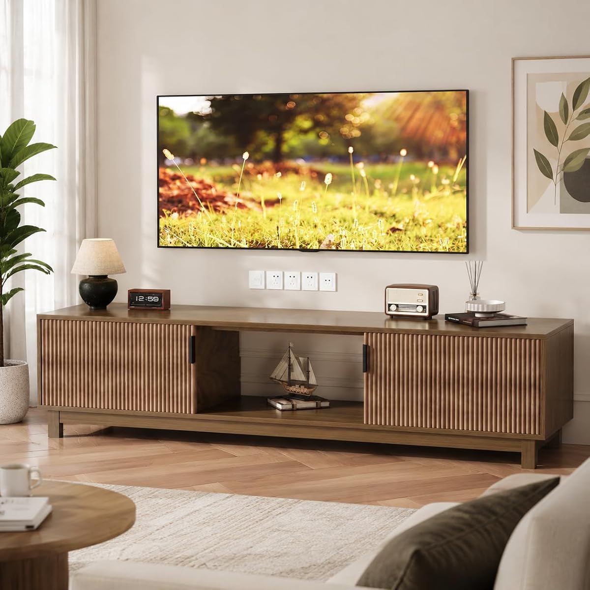 70" TV Stand for Living Room, Mid Century Modern Fluted Media Console Brown